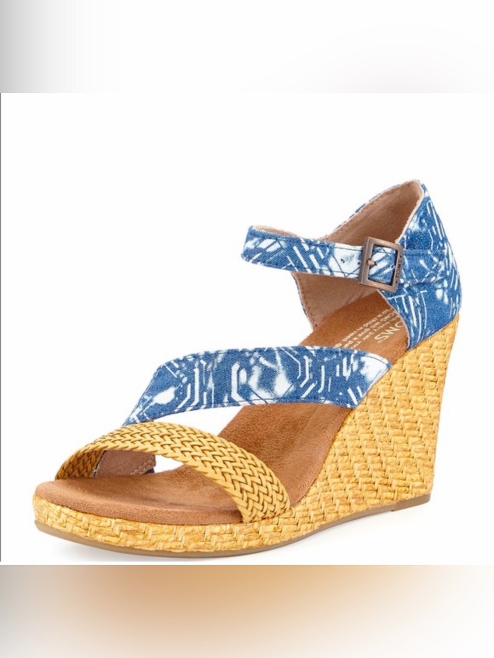 TOMS Clarissa Platform Woven Wedge Sandals Blue Batik Textile Print Size 7.5 New